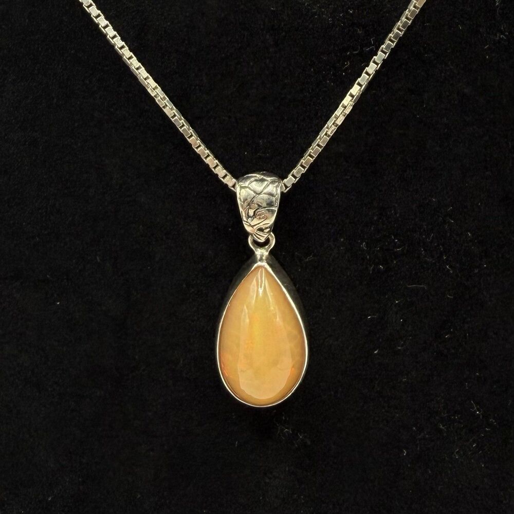 925 Sterling Silver Mexican Fire Opal Pendant Necklace 16" Box Chain Vintage